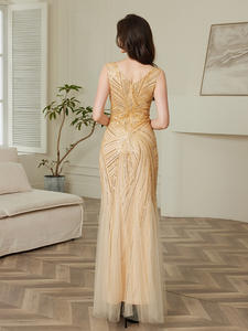 <span class=keywords><strong>Robe</strong></span> de soirée longue élégante et fine pour femme, design luxueux personnalisé, col en V, champagne, sequins, tulle, vintage, galas - Product Image 2