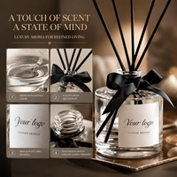 Diffuseur de parfum à bâtonnets transparent OEM avec ruban, 50 ml, senteur Orchidée Noire, avec logo et emballage personnalisés pour les marques hôtelières