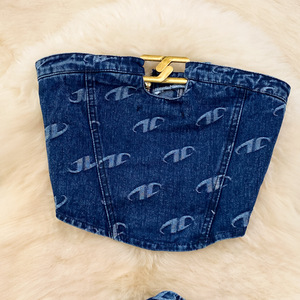 Nouveau ensemble de pantalons deux pièces sexy pour femmes sans bretelles Denim à lacets hauts courts ensemble de jeans droits à jambes larges pour femmes - Product Image 3