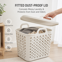 Petit panier à linge en plastique avec couvercle, panier de rangement pour vêtements compact et respirant avec poignées pour la salle de bain