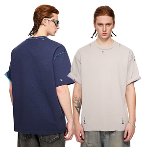 Reversible Pure Cotton Short-Sleeve 240g Distressed Vintage American T-<b>Shirt</b> - Product Image 1