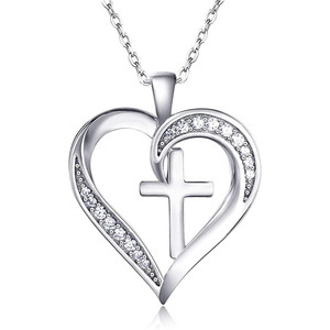 Ciondolo a Croce con Cuore in Argento 925 Placcato Rodio con Cristalli, Gioiello Religioso da Donna - Product Image 1