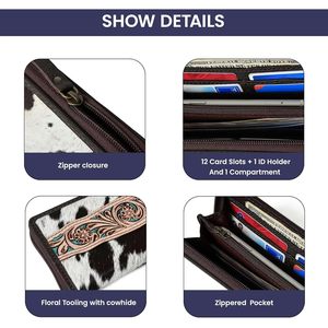 Portefeuille en cheveux de vache Vintage de luxe pour femmes longue fermeture à pli à trois volets antivol avec porte-carte gamme rustique - Product Image 2