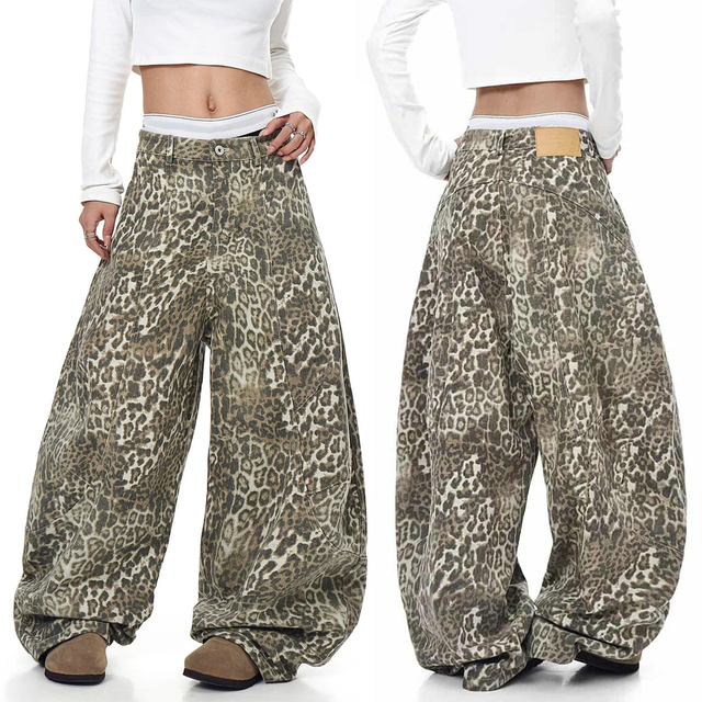Custom Unisex Leopard Print Trend Denim Jeans Women High Street Punk Design Baggy Loose Structured Leopard Print Barrel Jeans