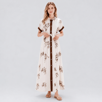 Robe chemise longue brodée motif cachemire blanc et marron pour femme, à manches courtes, col contrastant, ceinture intégrée, vente en gros OEM ODM