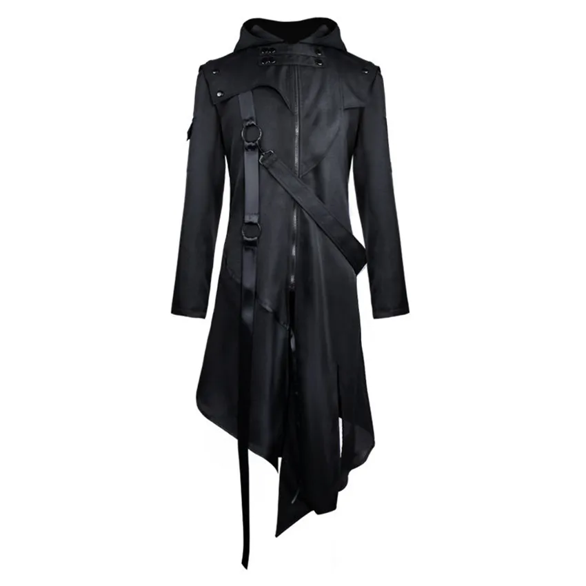 Vintage Gothic Steampunk Renaissance Man Jacket Medieval Autumn Hooded Zipper Coat Costume for Men Plus Size Black Strap Tuxedo