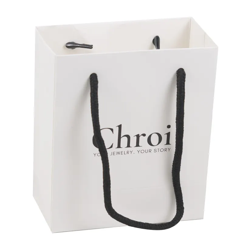 Fabricante de sacolas de compras luxuosas em papel branco com alças, sacola de papel reciclável para presente com impressão de logotipo personalizável