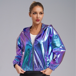 Traje de Danza Lírica Blanco para Mujer, Chaqueta Corta Metálica con Capucha Holográfica, Abrigo Moderno para Usar en la Calle, Danza Jazz - Product Image 3