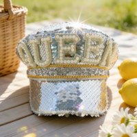 Chapeaux de fête de luxe pour femmes, style chapeau de capitaine, avec garniture dorée, perles, paillettes argentées et strass, personnalisables, MOQ 3, pour Burning Man, vente en gros