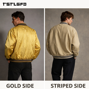 Blouson Bomber Réversible à Rayures de Baseball OEM/ODM, Broderie Chenille, Style Universitaire Streetwear, Manteau à Rayures Fines, Vente en Gros - Product Image 2