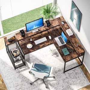 Bureau d'ordinateur d'angle long réversible en forme de L multifonctionnel pour la maison, le bureau, le bureau de direction avec des étagères plates - Product Image 3