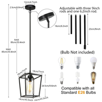 Lustre suspendu en métal noir de style cage géométrique avec abat-jour en verre transparent, lampe suspendue de style farmhouse pour îlot de cuisine, en stock aux États-Unis