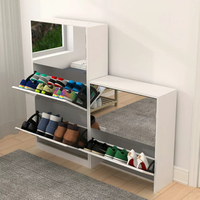 Meuble de rangement moderne en bois blanc et noir avec grand miroir convertible et tiroirs rabattables pour chaussures