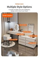 Table de toilette moderne et minimaliste couleur crème avec commode à 6 tiroirs, bureau de maquillage de luxe avec miroir LED profilé, mobilier de chambre arrondi