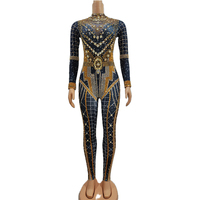 Combinaison moulante chic et sexy à manches longues ornée de strass, idéale pour les spectacles de danse en club et sur scène, en spandex