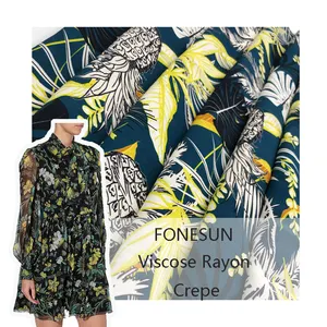 Klant Print Tropische Plant Monstera Deliciosa Bladeren Ananas Digital Print Viscose Rayon Crêpe Stof