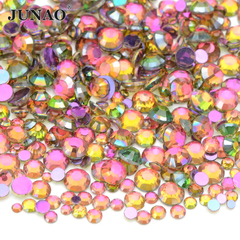 JUNAO SS6-SS20 Mix boyutu Flatback kristaller 1440 adet Rhinestones Mix boyutu için Aurora cam taşlar üzerinde tutkal elbise