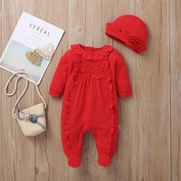 Combinaison pour bébé fille à manches longues en coton 100% avec nœud en dentelle à volants, style printemps-automne, avec chapeau fleuri et fermeture à boutons pression