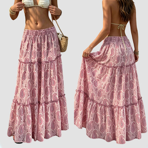 Falda Midi Vintage con Estampado Paisley, Volantes en Capas, Cintura Elástica, Estilo Campestre, Dulce y Versátil, Corte Holgado para Verano - Product Image 1