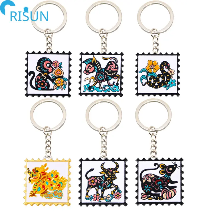 Factory Zodiac Enamel Keychain Llavero Custom Logo Cartoon National Art Stamps Keychains Rabbit Dragon Mouse Animal Keyring