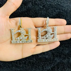 Iced Out Bling 5A kubik Zirconia CZ perhiasan Hip Hop Punk keren Live 2 Hustle huruf liontin kalung untuk pria laki-laki