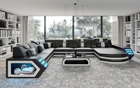 Canapé sectionnel en cuir véritable de luxe au design moderne, en forme de U, rembourré en éponge, avec éclairage LED pour salon
