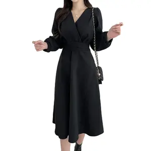 Stock size updated with chic style minimalist V-neck bubble sleeve dress for women with slim waist and tie up long skirt