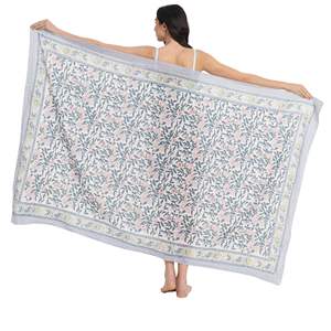 Pareo de algodón con estampado a mano verde Macau y azul Federal para mujer, ligero, para cubrir el bikini, ropa de resort - Product Image 1