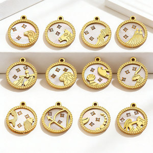 Colgante redondo chapado en oro con los 12 signos del zodiaco, con diamante y madreperla blanca, accesorio de joyería DIY. - Product Image 4