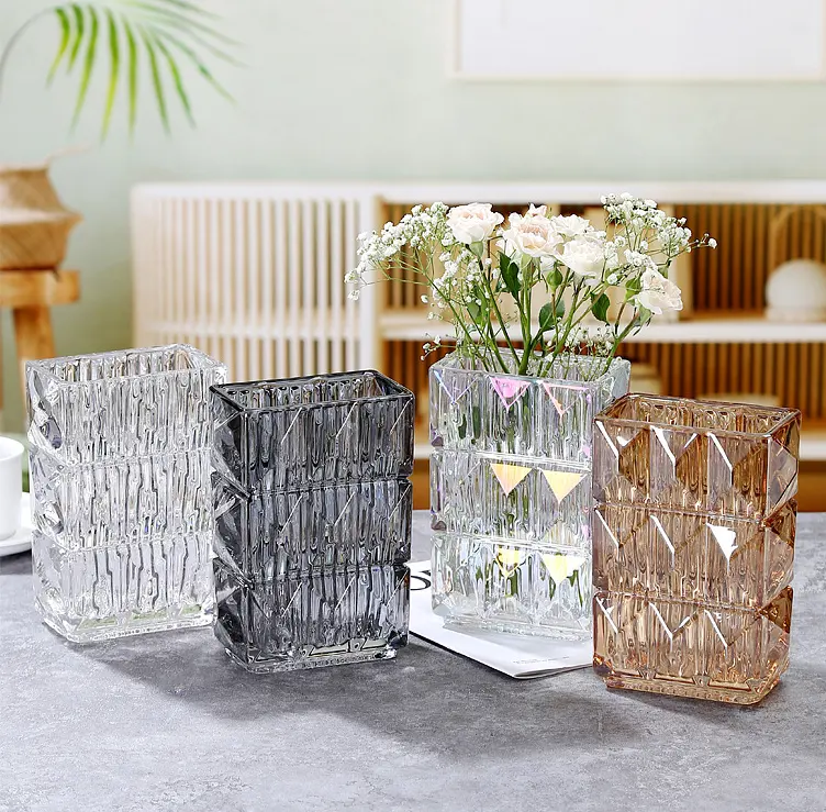 Hot selling new home decoration fashion thickened hydroponic glass vase square light luxury high-end feeling vase