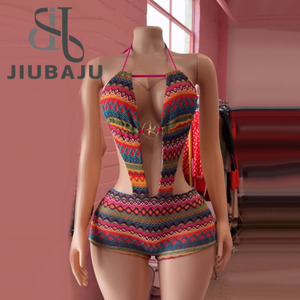 Costume da bagno intero sexy in maglia a righe 2026 da donna con cerchio in metallo e schiena scoperta per vacanze al mare - Product Image 1