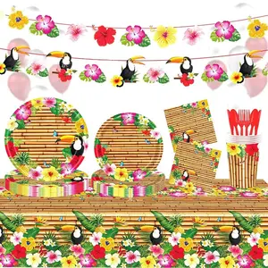 118pcs Hawaii Bamboo Party Theme Decorations Disposable Paper Plate Napkins Cups Banner Hawaii Party Supplier