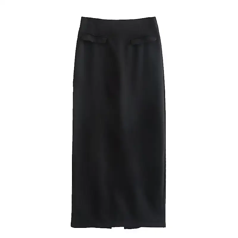PB&ZA 2023 Wholesale Women's Clothing New Retro Fashion Black Pocket Decoration Slim Long Half-length Straight Skirt 8684408