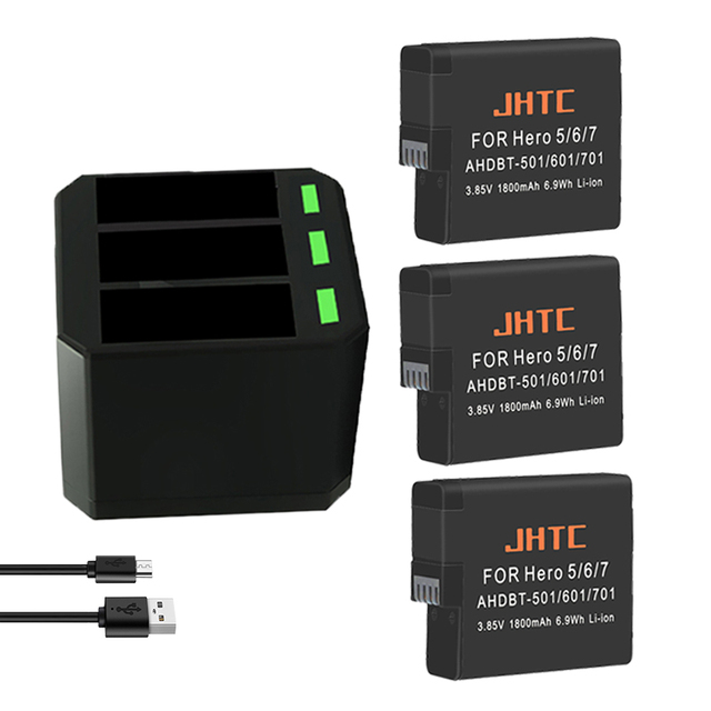 JHTC 1800mAh Rechargeable Battery Pack for Hero 5/6/7/8 Sports Camera-Black in Stock