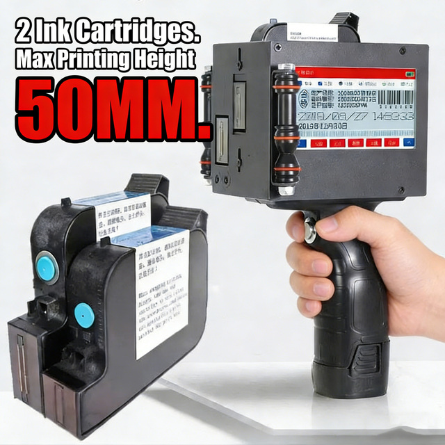 50mm Handheld Inkjet Printer 4.3'' Touch Screen Rechargeable Multi Languages Quick-Drying Inkjet Coding Machine 2 Cartridges