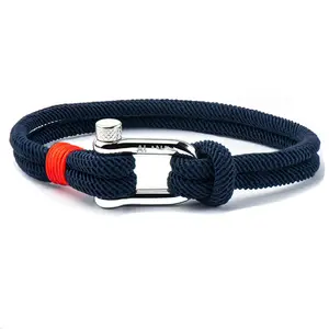 2024 hombres regalo acero inoxidable Cierre de nailon náutico cuerda pulsera logotipo personalizado hecho a mano plata grillete pulsera