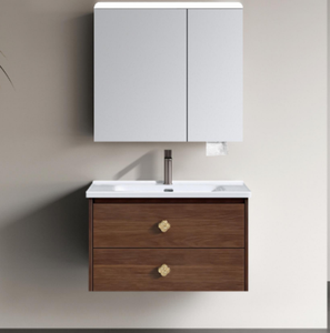 Ensemble de meuble-lavabo moderne en bois massif flottant avec miroir à éclairage tactile et fonctions anti-buée - Product Image 2