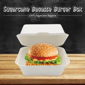 Sans PFAS 6 pouces bagasse à clapet à emporter 450ml boîte à hamburger à charnière compostable conteneurs à emporter robustes