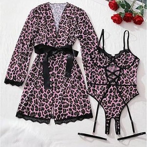 Conjunto de Pijama e Robe de Luxo com Estampa de Leopardo, Macacão Solto Sexy com Cinto e Robe - Product Image 6