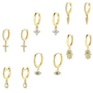 Dainty – boucles d'oreilles en argent Sterling plaqué or, croix, Triangle, oeil du mal, main de Fatima, pendentif 925 Huggie, boucles d'oreilles goutte en CZ