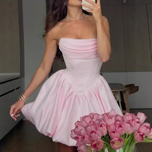 Abito Corto Elegante da Sera per Donne, Corsetto con Lacci sulla Schiena, Rosa, Senza Spalline, in Raso con Arricciature - Product Image 4