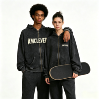 AMCLEVER Sweat à capuche zippé pour homme, style vintage, effet délavé, coupe oversize, impression DTG DTF, personnalisation OEM