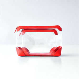 Transparent PVC cosmetic bag/<b>storage</b> bag, minimalist style, clutch zipper bag, leather patchwork <b>toiletry</b> bag. - Product Image 4