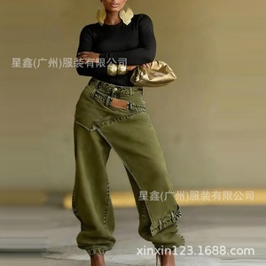Nuovi <span class=keywords><strong>Pantaloni</strong></span> <span class=keywords><strong>Cargo</strong></span> 2026 in Denim di Cotone Lavato, Asimmetrici e Destrutturati, Gamba Larga, Stile Streetwear, Verde Oliva - Product Image 2