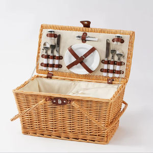 Cesto da Picnic Rettangolare JY in <span class=keywords><strong>Vimini</strong></span> con <span class=keywords><strong>Coperchio</strong></span> in Legno e Rattan per Campeggio e Spiaggia, Contenitore Termico per Alimenti - Product Image 2