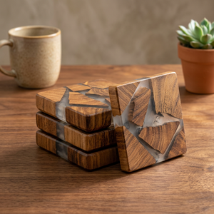 Posavasos Cuadrados de Madera y Resina Hechos a Mano, Tapetes para Bebidas con Rayas, Decoración Ecológica para Mesa de Comedor - Product Image 1