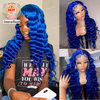 Wig tanpa lem longgar biru muda gelombang dalam rambut manusia berwarna 5x5 Wig rambut manusia menutupi seluruh bagian renda transparan
