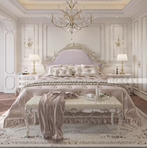 Letto in Legno Massello Stile Francese Lusso Leggero e Reale, Opulento per Camera <span class=keywords><strong>da</strong></span> Letto Matrimoniale, Viola Sognante, 1800mm, con Testiera Morbida Intagliata - Product Image 1