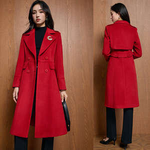 Women's Double Breasted Wool Coat Mid Length Solid Color Polyester Woven Autumn Winter Fashion Korean Style Elegant Look - Product Image 1