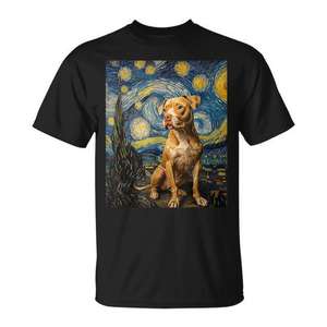 T-shirt Pitbull Dog Van Gogh Style Starry Night, design artistique animalier, taille adulte unisexe - Product Image 1